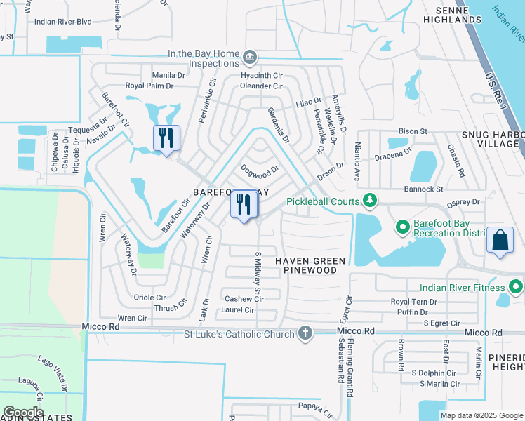map of restaurants, bars, coffee shops, grocery stores, and more near 934 Barefoot Boulevard in Sebastian
