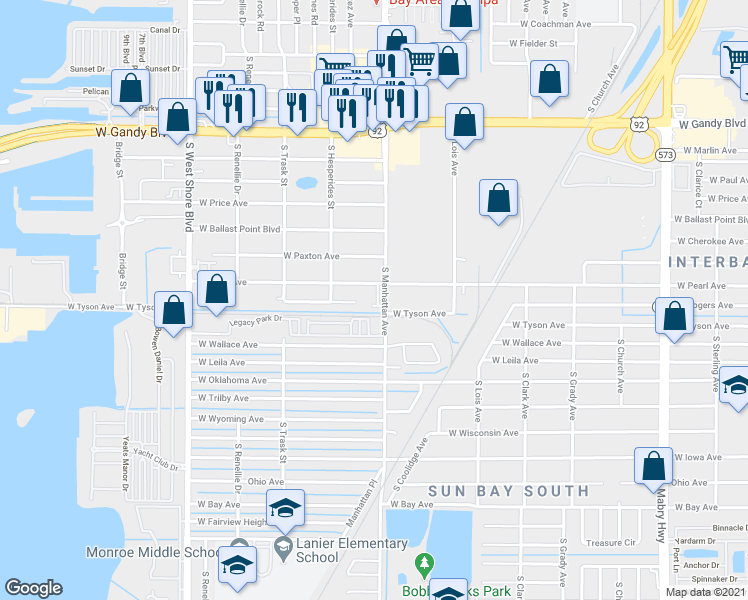 map of restaurants, bars, coffee shops, grocery stores, and more near 4409 West Rogers Avenue in Tampa