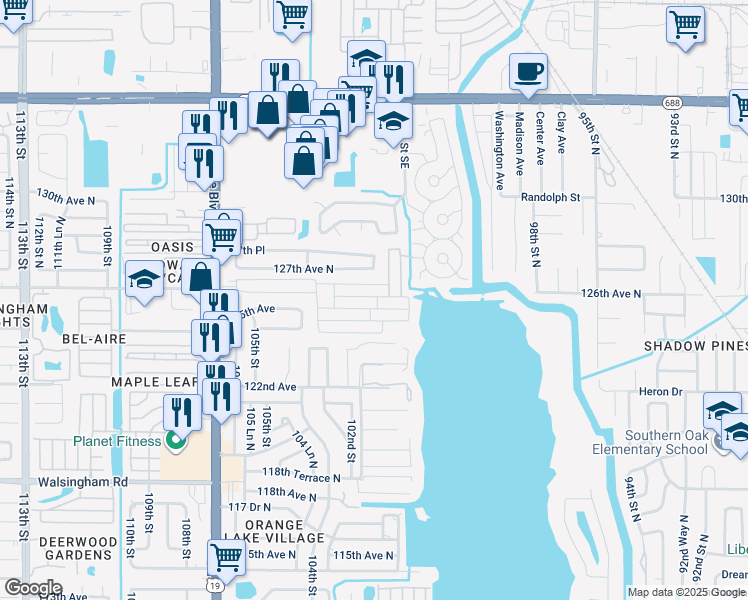 map of restaurants, bars, coffee shops, grocery stores, and more near 12651 Seminole Boulevard in Largo
