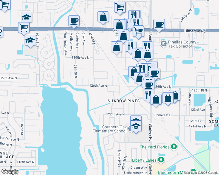 map of restaurants, bars, coffee shops, grocery stores, and more near 12595 93rd Way North in Largo