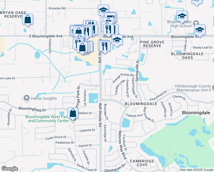 map of restaurants, bars, coffee shops, grocery stores, and more near 3715 Casaba Loop in Valrico