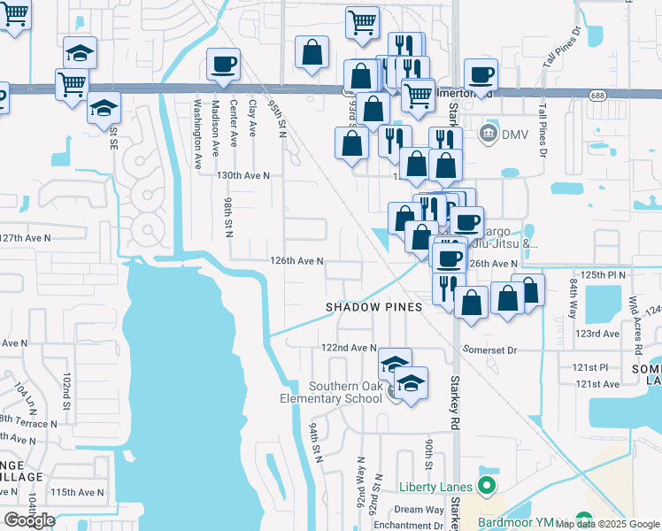 map of restaurants, bars, coffee shops, grocery stores, and more near 12595 93rd Way North in Largo