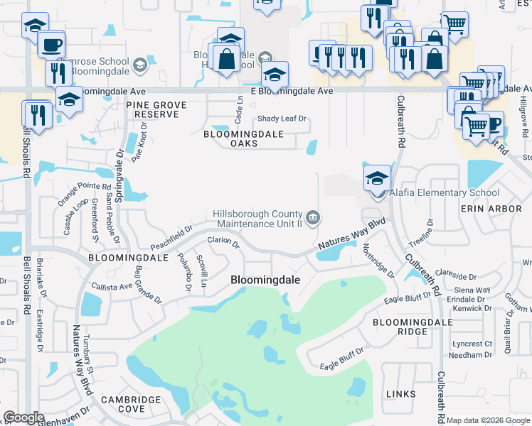 map of restaurants, bars, coffee shops, grocery stores, and more near 3701 Kingsford Place in Valrico