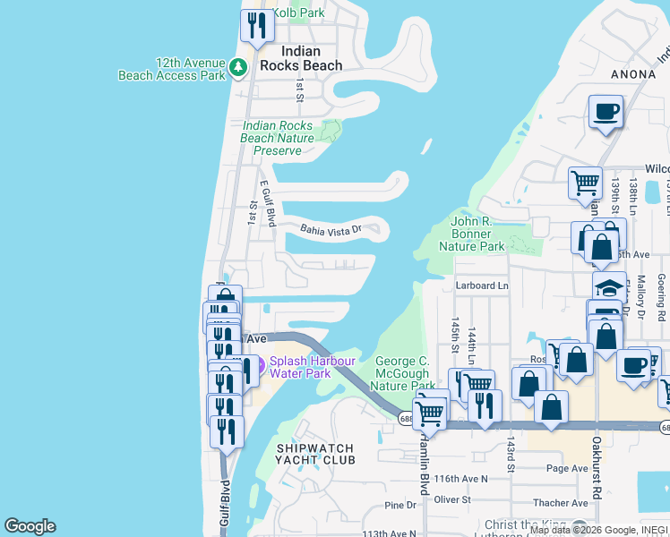 map of restaurants, bars, coffee shops, grocery stores, and more near 105 Windrush Boulevard in Indian Rocks Beach