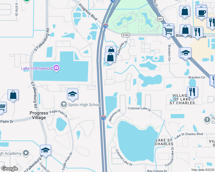 map of restaurants, bars, coffee shops, grocery stores, and more near 9515 Amberdale Court in Riverview