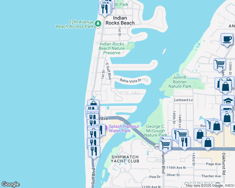 map of restaurants, bars, coffee shops, grocery stores, and more near in Indian Rocks Beach