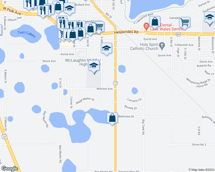 map of restaurants, bars, coffee shops, grocery stores, and more near 401 Winston Avenue in Lake Wales