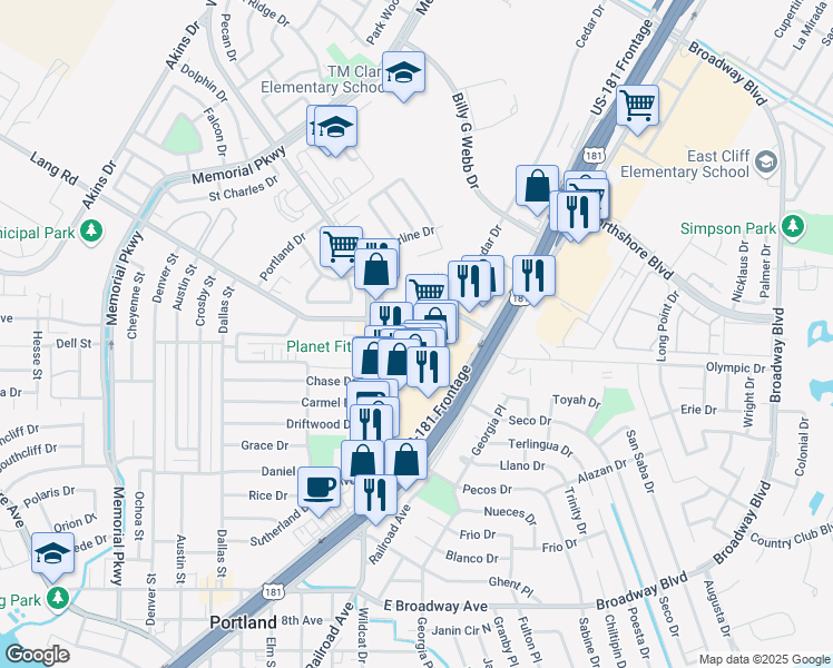 map of restaurants, bars, coffee shops, grocery stores, and more near 1600 Wildcat Drive in Portland