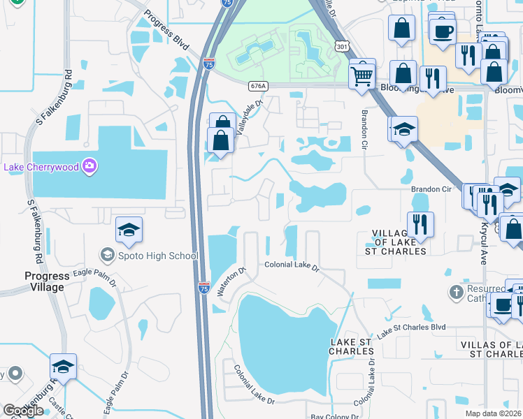 map of restaurants, bars, coffee shops, grocery stores, and more near 9919 Carlsdale Drive in Riverview