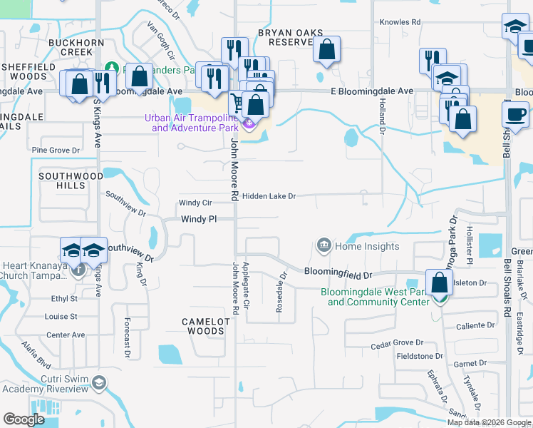 map of restaurants, bars, coffee shops, grocery stores, and more near 166 Hidden Estates Court in Brandon