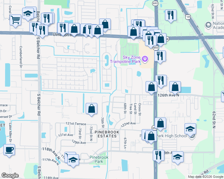 map of restaurants, bars, coffee shops, grocery stores, and more near 12577 69th Street North in Largo