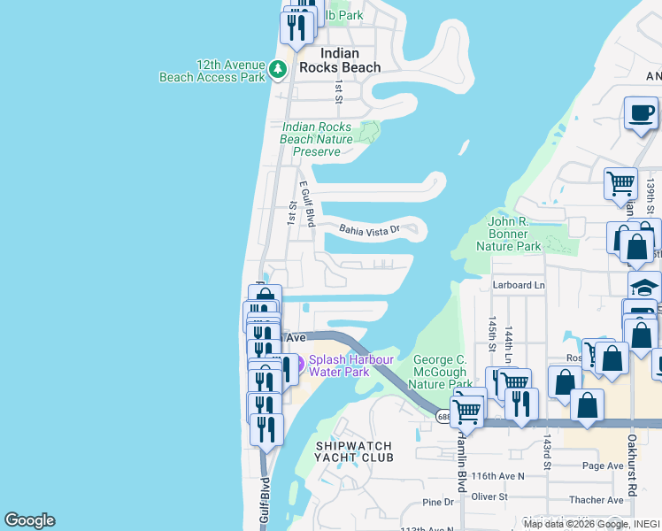 map of restaurants, bars, coffee shops, grocery stores, and more near in Indian Rocks Beach