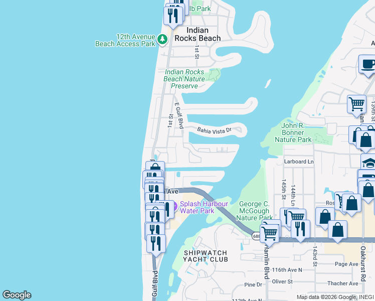 map of restaurants, bars, coffee shops, grocery stores, and more near 603 Garland Circle in Indian Rocks Beach