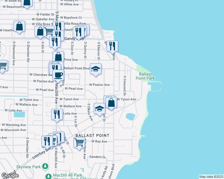 map of restaurants, bars, coffee shops, grocery stores, and more near 5323 Bayshore Boulevard in Tampa