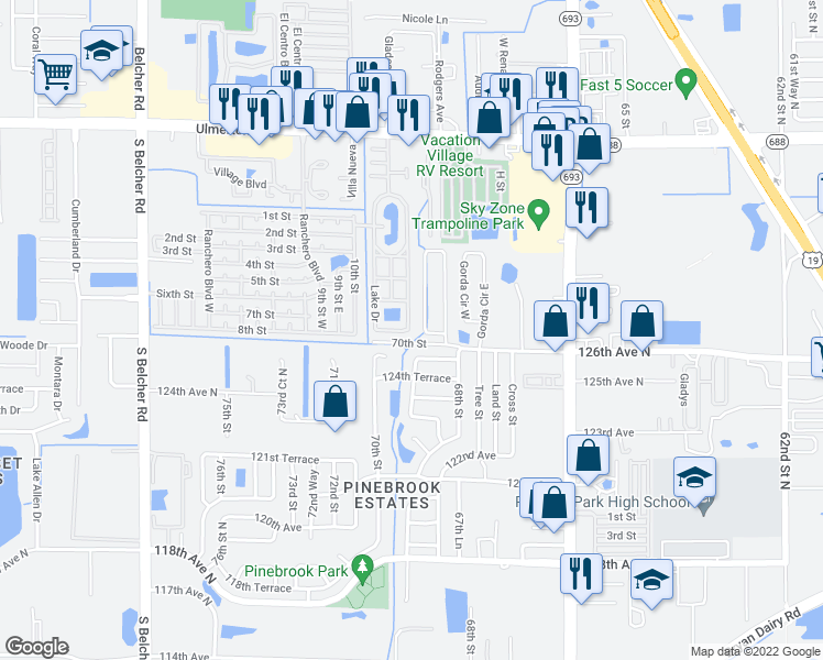 map of restaurants, bars, coffee shops, grocery stores, and more near 12577 69th Street North in Largo