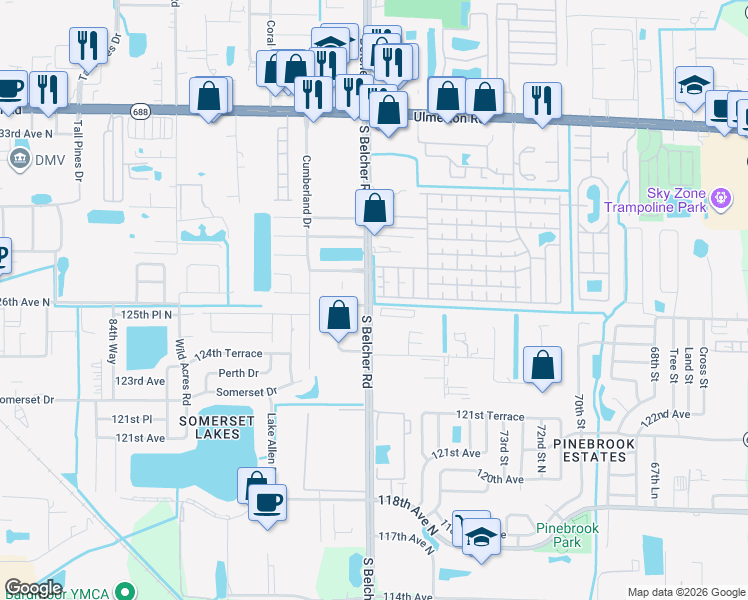 map of restaurants, bars, coffee shops, grocery stores, and more near 12552 Belcher Road in Largo