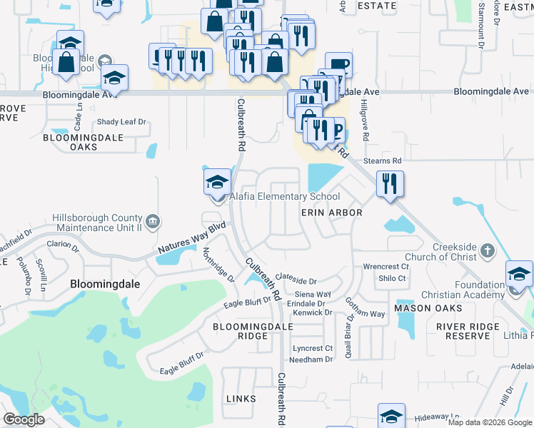 map of restaurants, bars, coffee shops, grocery stores, and more near 3715 Treeline Drive in Valrico