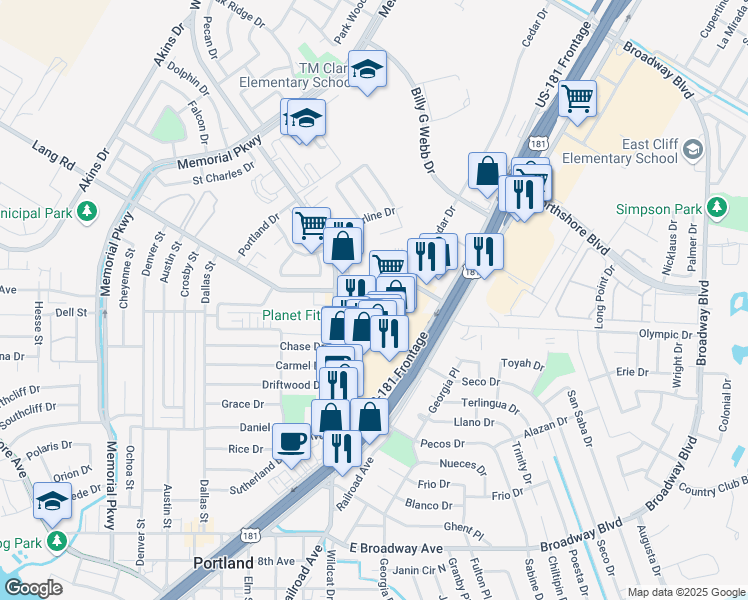 map of restaurants, bars, coffee shops, grocery stores, and more near 1600 Wildcat Drive in Portland