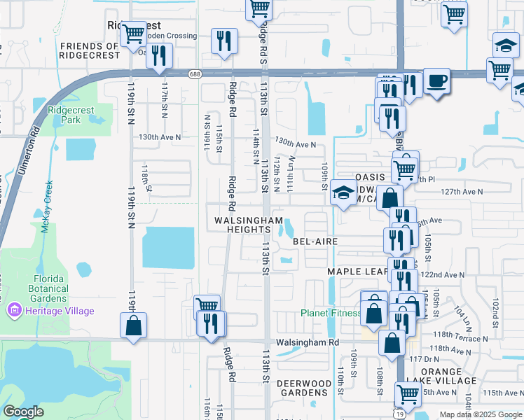 map of restaurants, bars, coffee shops, grocery stores, and more near 11310 126th Avenue in Largo