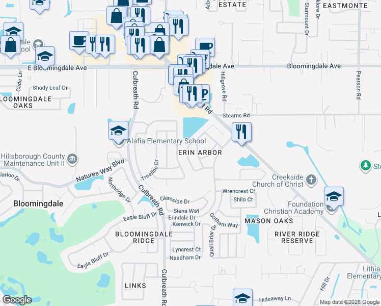 map of restaurants, bars, coffee shops, grocery stores, and more near 3528 Springville Drive in Valrico