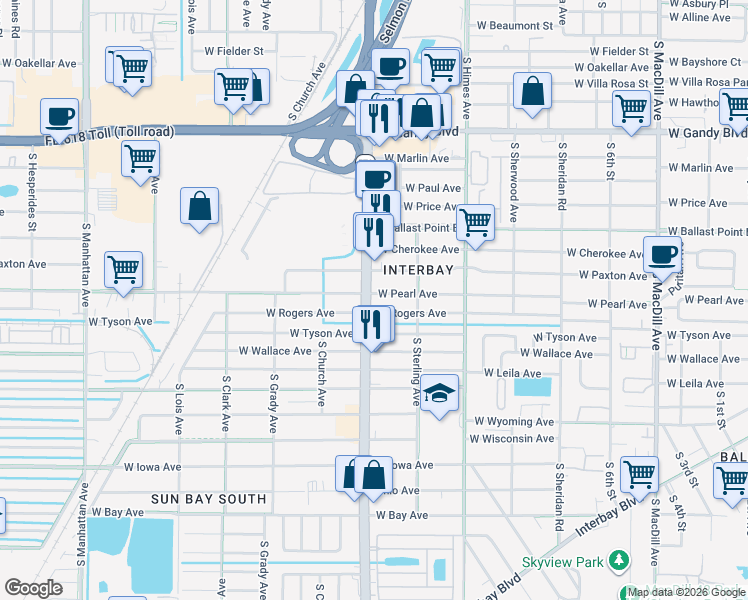 map of restaurants, bars, coffee shops, grocery stores, and more near 5254 Florida 573 in Tampa
