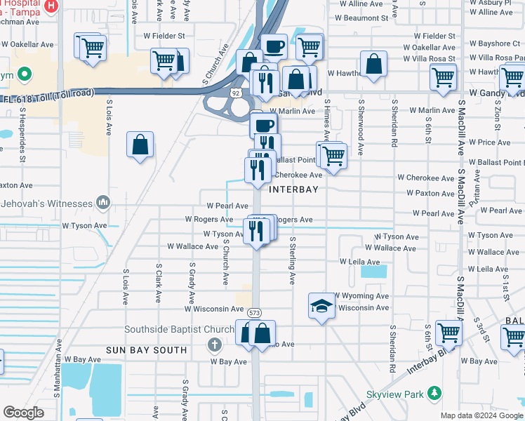 map of restaurants, bars, coffee shops, grocery stores, and more near 5254 Florida 573 in Tampa