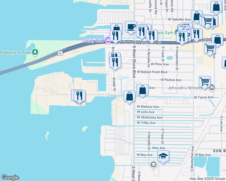 map of restaurants, bars, coffee shops, grocery stores, and more near 5351 Bridge Street in Tampa