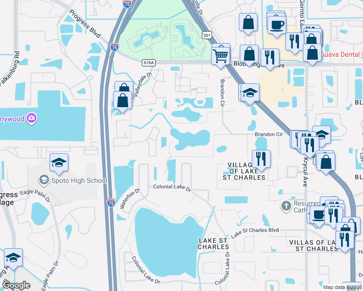 map of restaurants, bars, coffee shops, grocery stores, and more near 9602 Springbrook Drive in Riverview