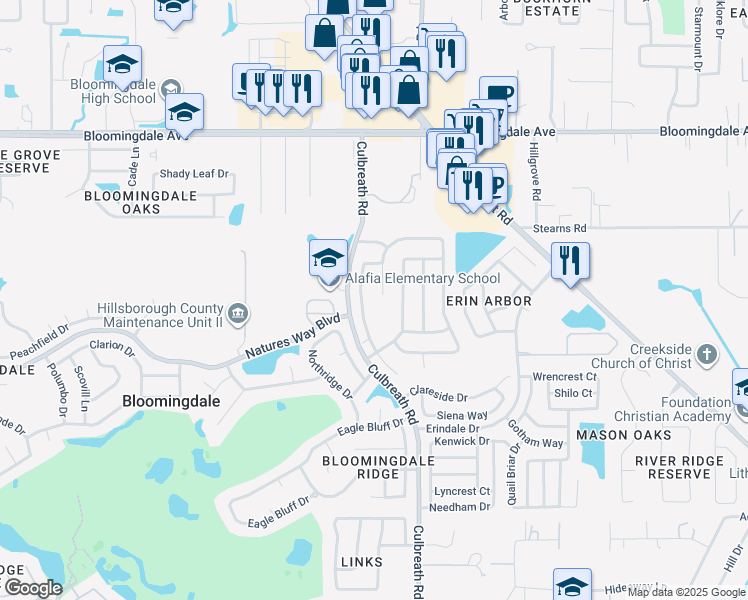 map of restaurants, bars, coffee shops, grocery stores, and more near 3716 Hollow Wood Drive in Valrico
