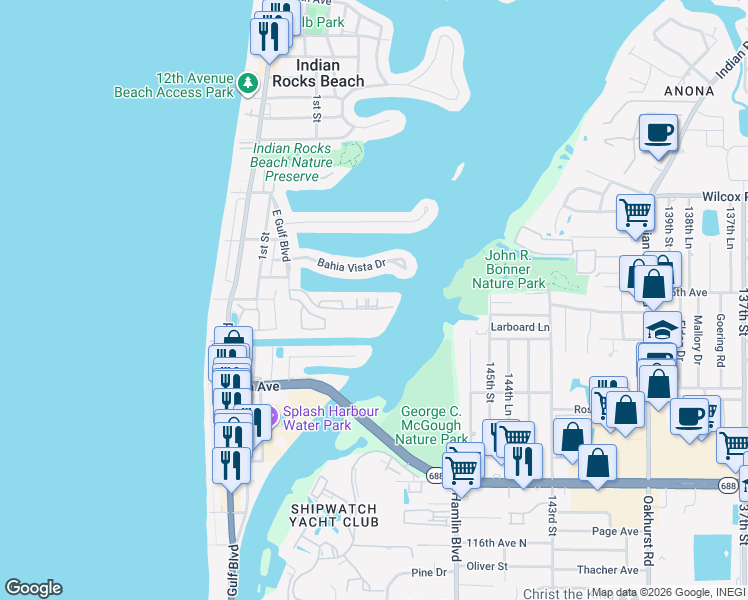 map of restaurants, bars, coffee shops, grocery stores, and more near 326 Windrush Boulevard in Indian Rocks Beach