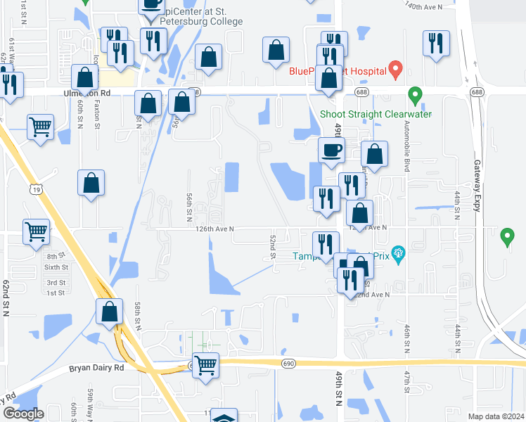 map of restaurants, bars, coffee shops, grocery stores, and more near 5253 126th Avenue North in Clearwater