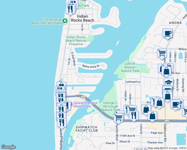 map of restaurants, bars, coffee shops, grocery stores, and more near 318 Windrush Boulevard in Indian Rocks Beach