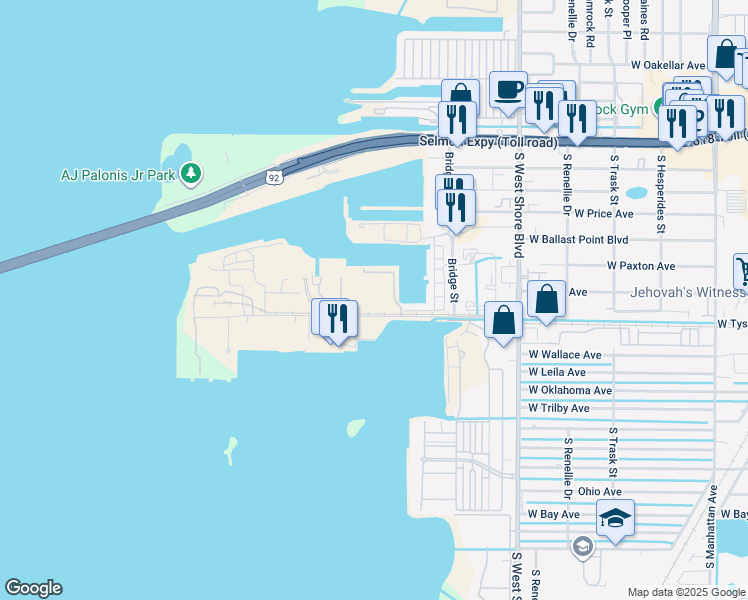 map of restaurants, bars, coffee shops, grocery stores, and more near 5105 West Tyson Avenue in Tampa
