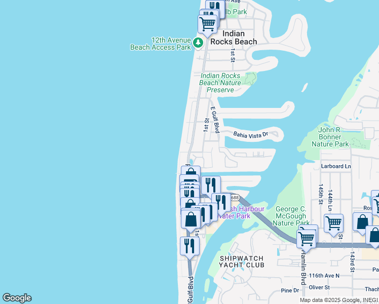 map of restaurants, bars, coffee shops, grocery stores, and more near Gulf Boulevard & 7th Avenue North in Indian Rocks Beach