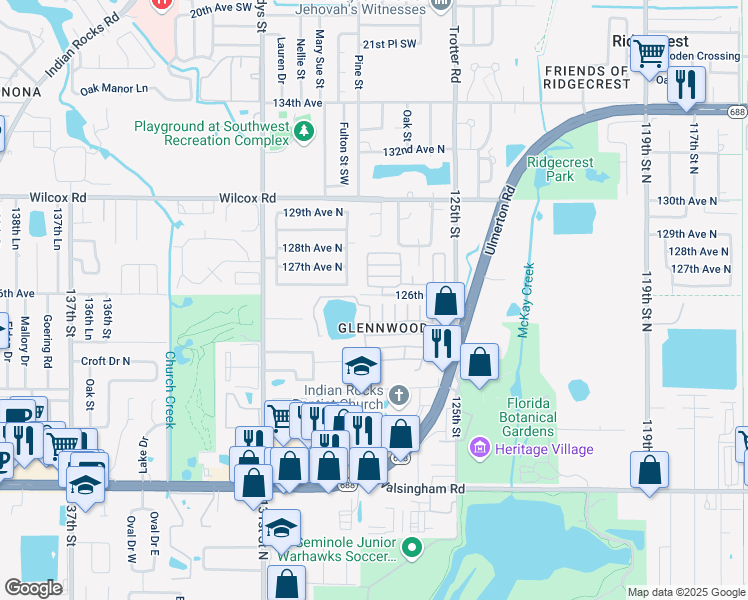 map of restaurants, bars, coffee shops, grocery stores, and more near 12501 Ulmerton Road in Largo