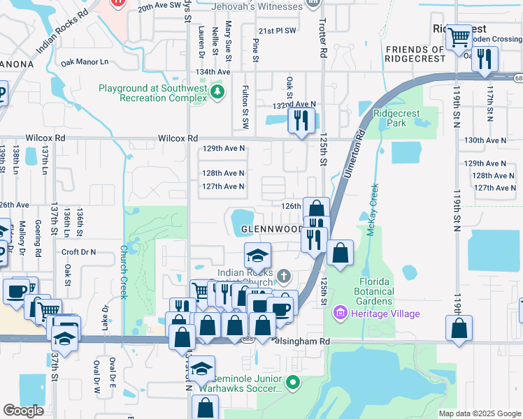 map of restaurants, bars, coffee shops, grocery stores, and more near 12501 Ulmerton Road in Largo