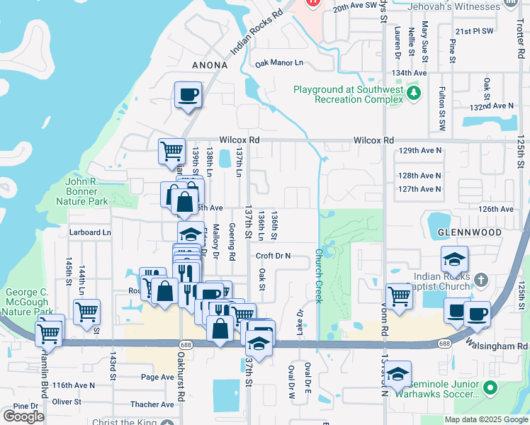 map of restaurants, bars, coffee shops, grocery stores, and more near 13661 126th Avenue in Largo