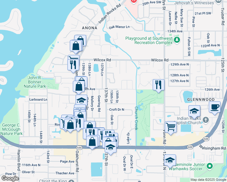 map of restaurants, bars, coffee shops, grocery stores, and more near 13661 126th Avenue in Largo