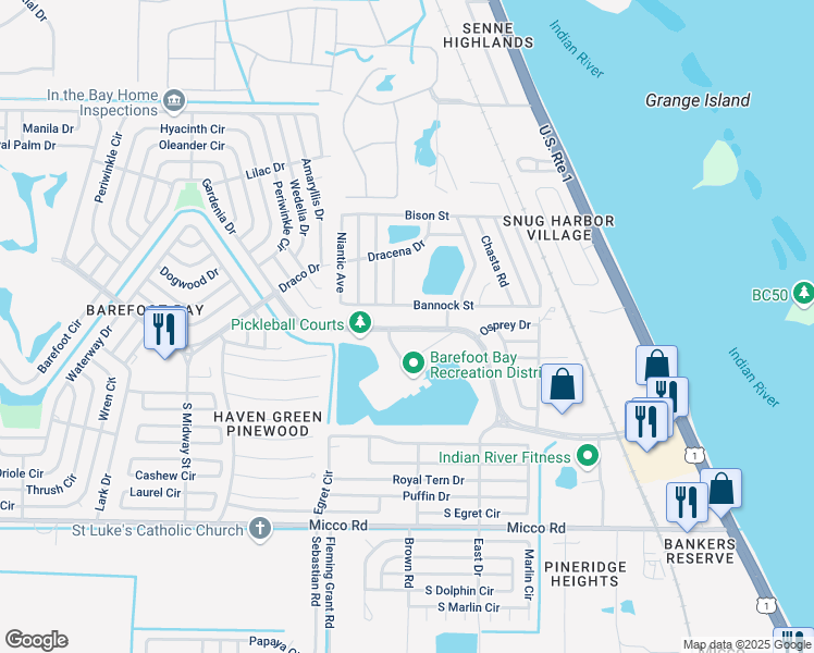 map of restaurants, bars, coffee shops, grocery stores, and more near 5367 Bannock Street in Micco