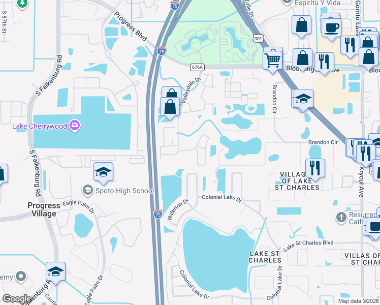 map of restaurants, bars, coffee shops, grocery stores, and more near 9615 Carlsdale Drive in Riverview