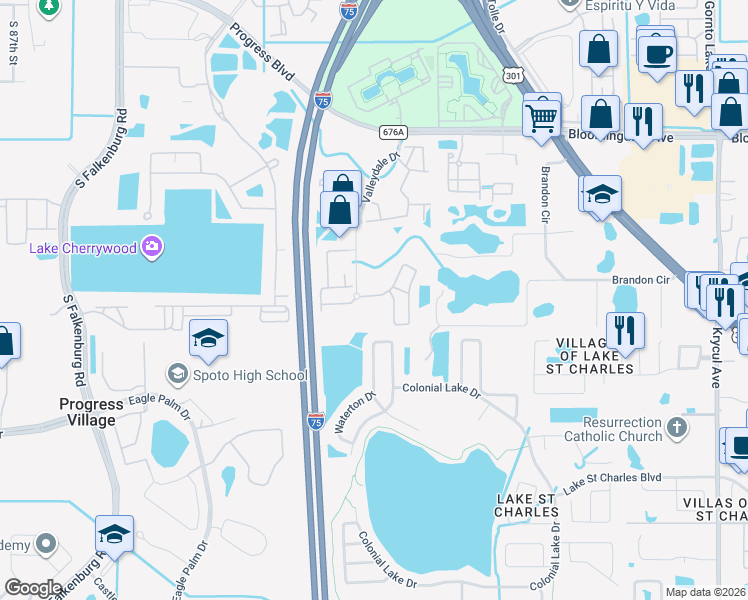 map of restaurants, bars, coffee shops, grocery stores, and more near 9616 Carlsdale Drive in Riverview