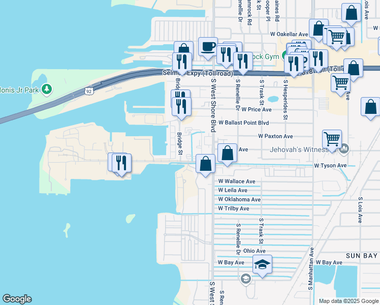 map of restaurants, bars, coffee shops, grocery stores, and more near 5350 Bridge Street in Tampa