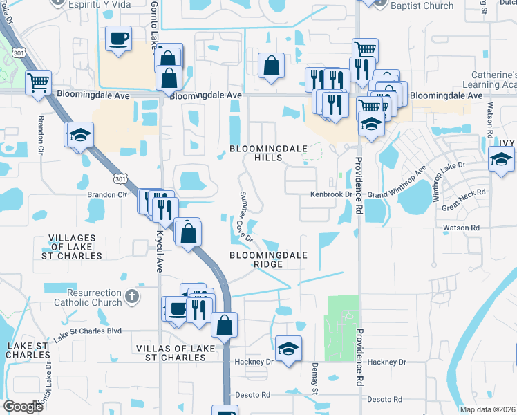 map of restaurants, bars, coffee shops, grocery stores, and more near 6251 Crickethollow Drive in Riverview