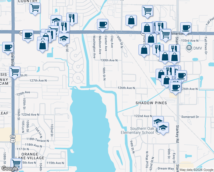 map of restaurants, bars, coffee shops, grocery stores, and more near 12619 98th Street North in Largo