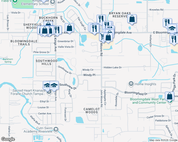 map of restaurants, bars, coffee shops, grocery stores, and more near 114 Windy Circle in Brandon