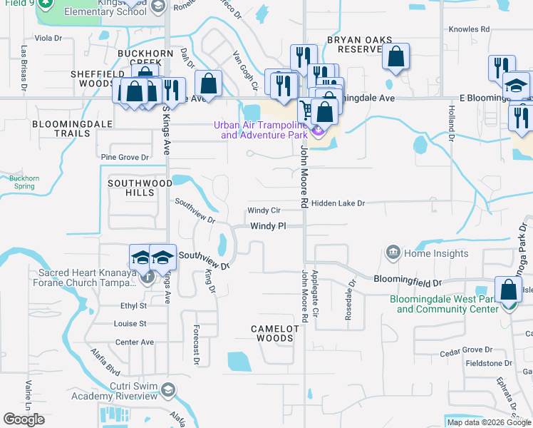 map of restaurants, bars, coffee shops, grocery stores, and more near 114 Windy Circle in Brandon