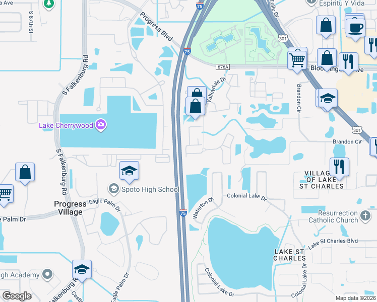 map of restaurants, bars, coffee shops, grocery stores, and more near 9506 Amberdale Court in Riverview