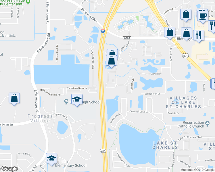 map of restaurants, bars, coffee shops, grocery stores, and more near 6415 Hollydale Place in Riverview
