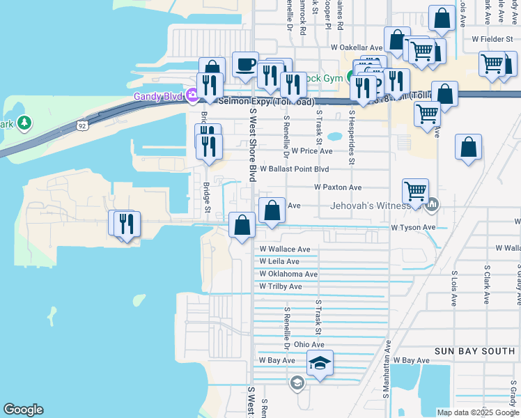 map of restaurants, bars, coffee shops, grocery stores, and more near 7 South West Shore Boulevard in Tampa
