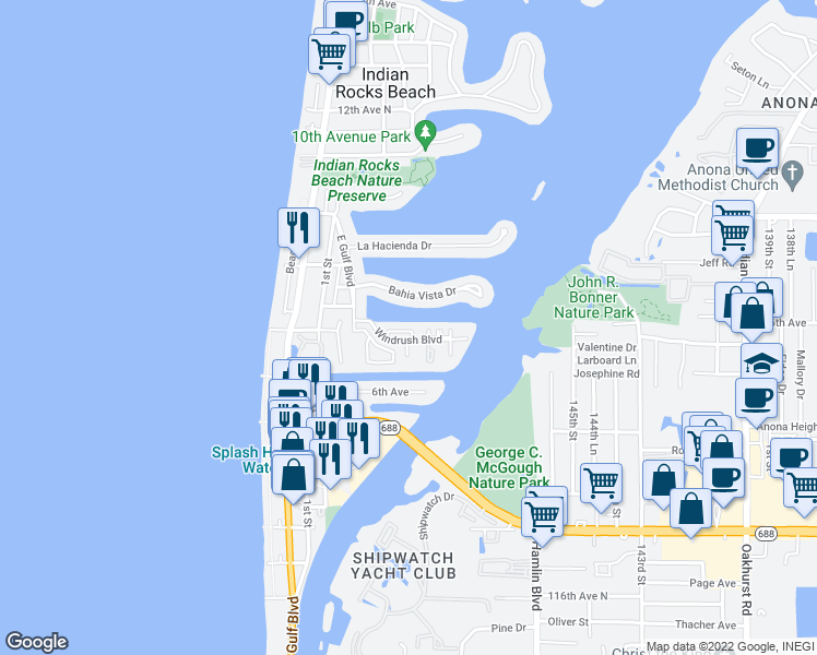 map of restaurants, bars, coffee shops, grocery stores, and more near 140 Marcdale Boulevard in Indian Rocks Beach